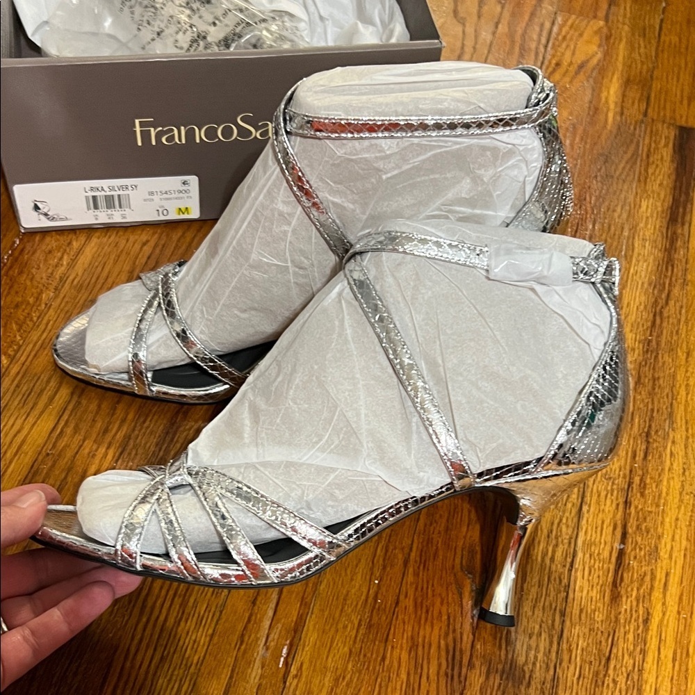Franco Sarto Shiny Silver Strappy Heels - Picture 3 of 5